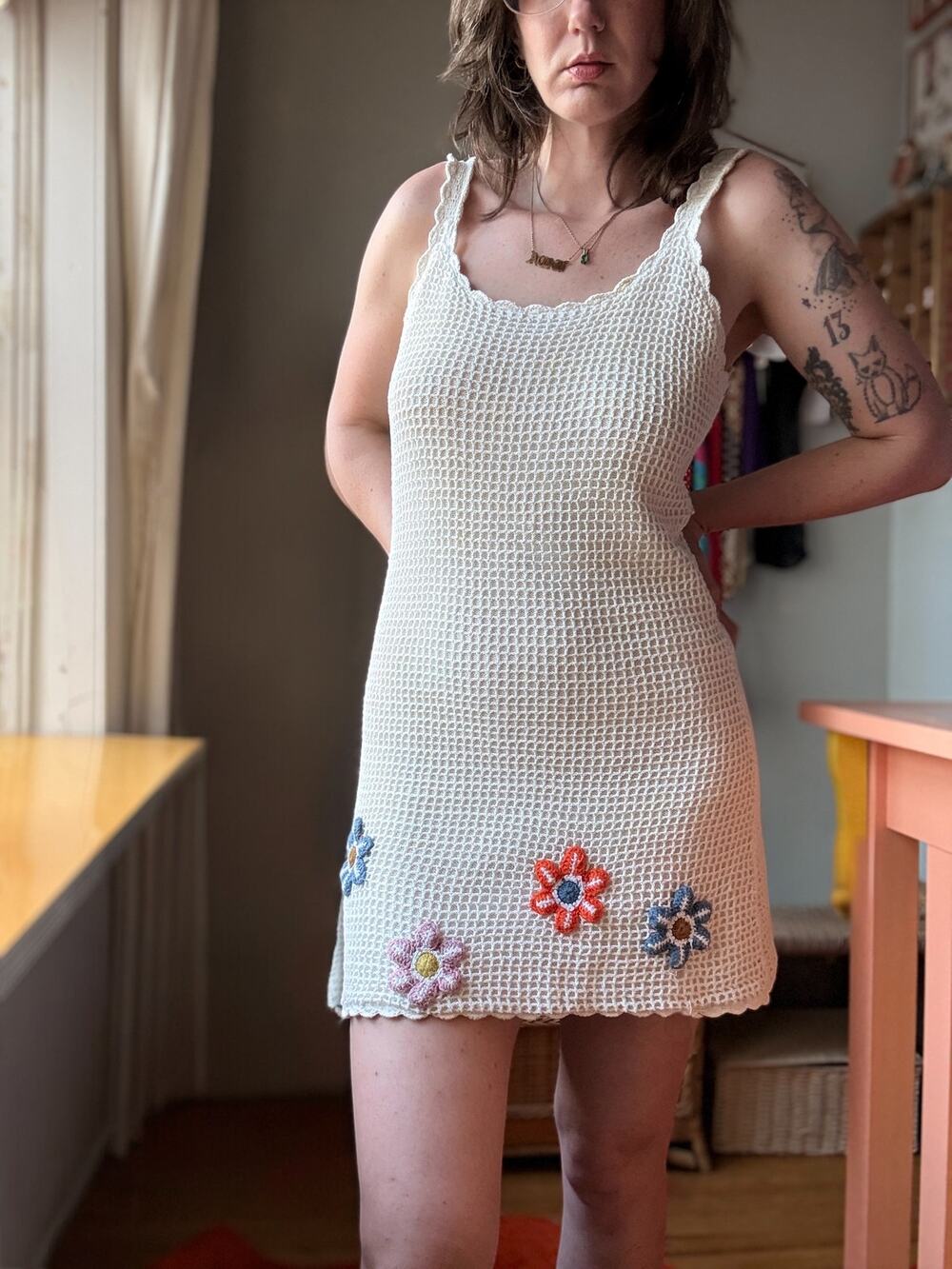 Vintage 90s Crochet Knit Mini Dress | Floral Appliqué | Cottagecore Summer | M